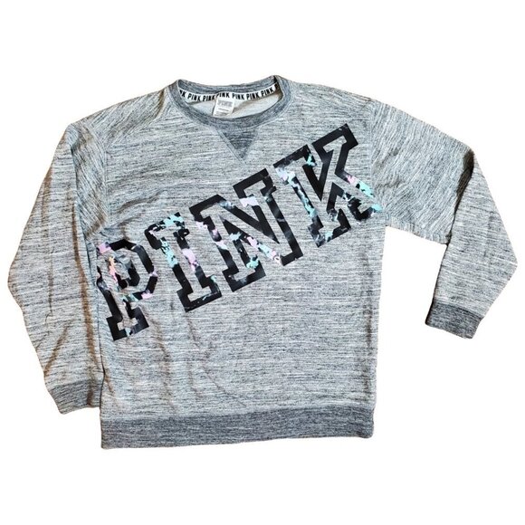 💎294 PINK Victoria's Secret Campus Crew Pull Over Gray Sweatshirt - Picture 1 of 6